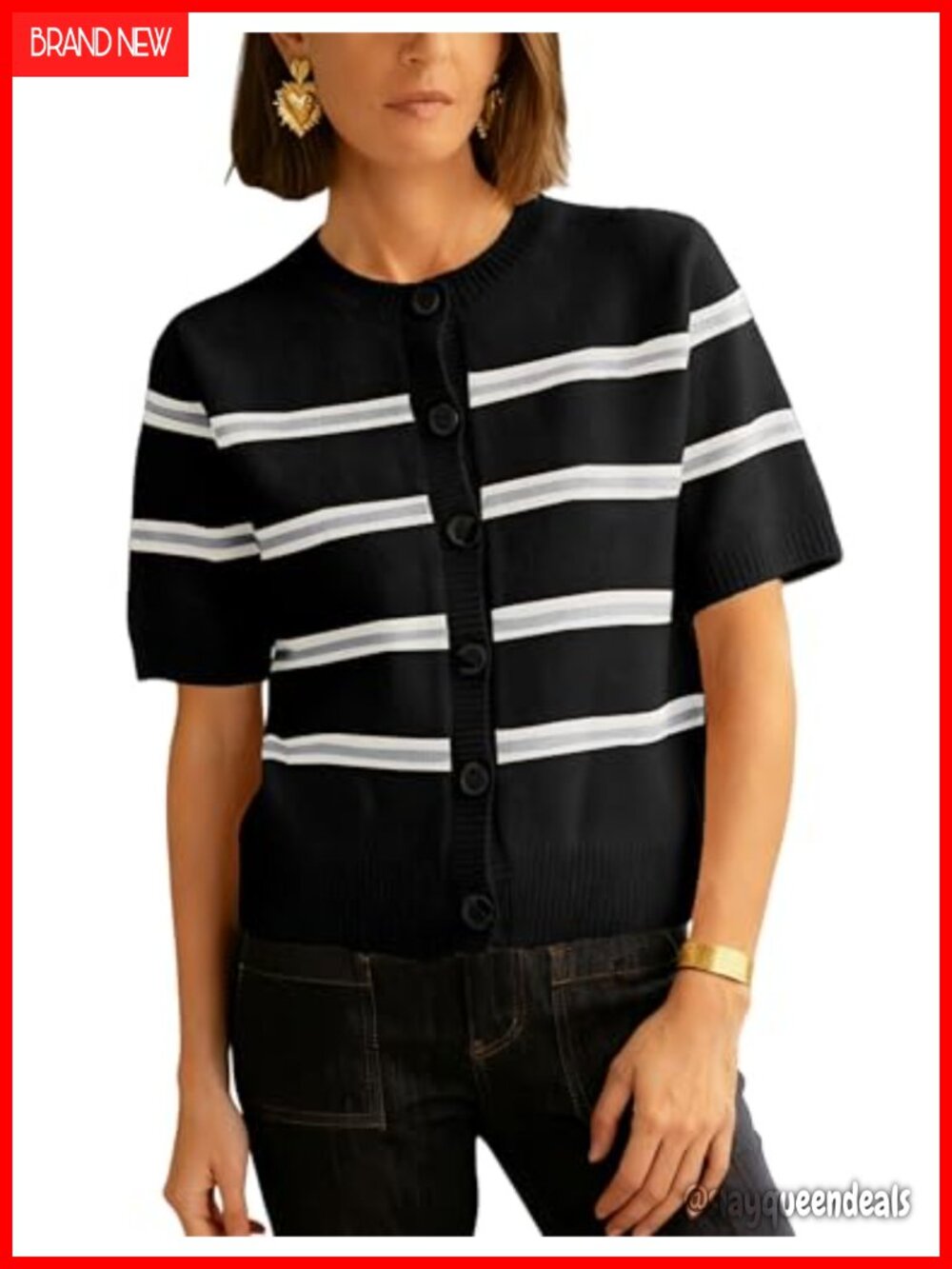 Striped Cardigan Sweater for Women Short Sleeve Button Down Knit Top